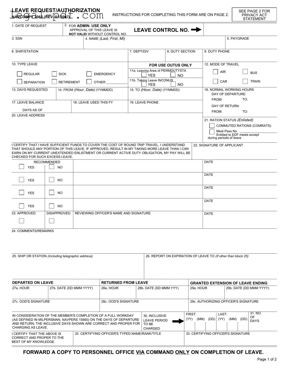 Blank Navcompt 3065 Form