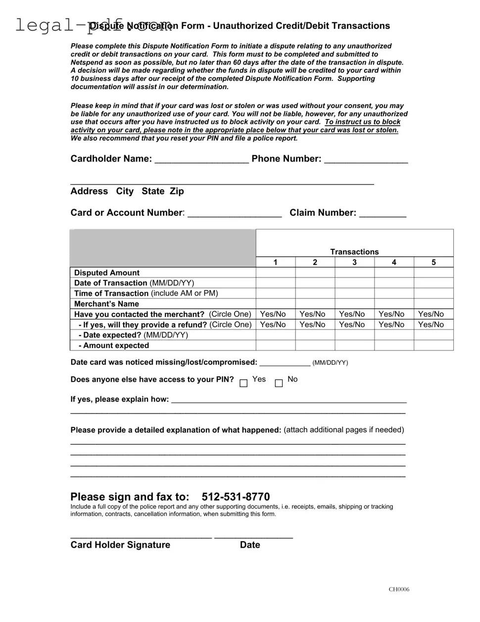 Blank Netspend Dispute Form