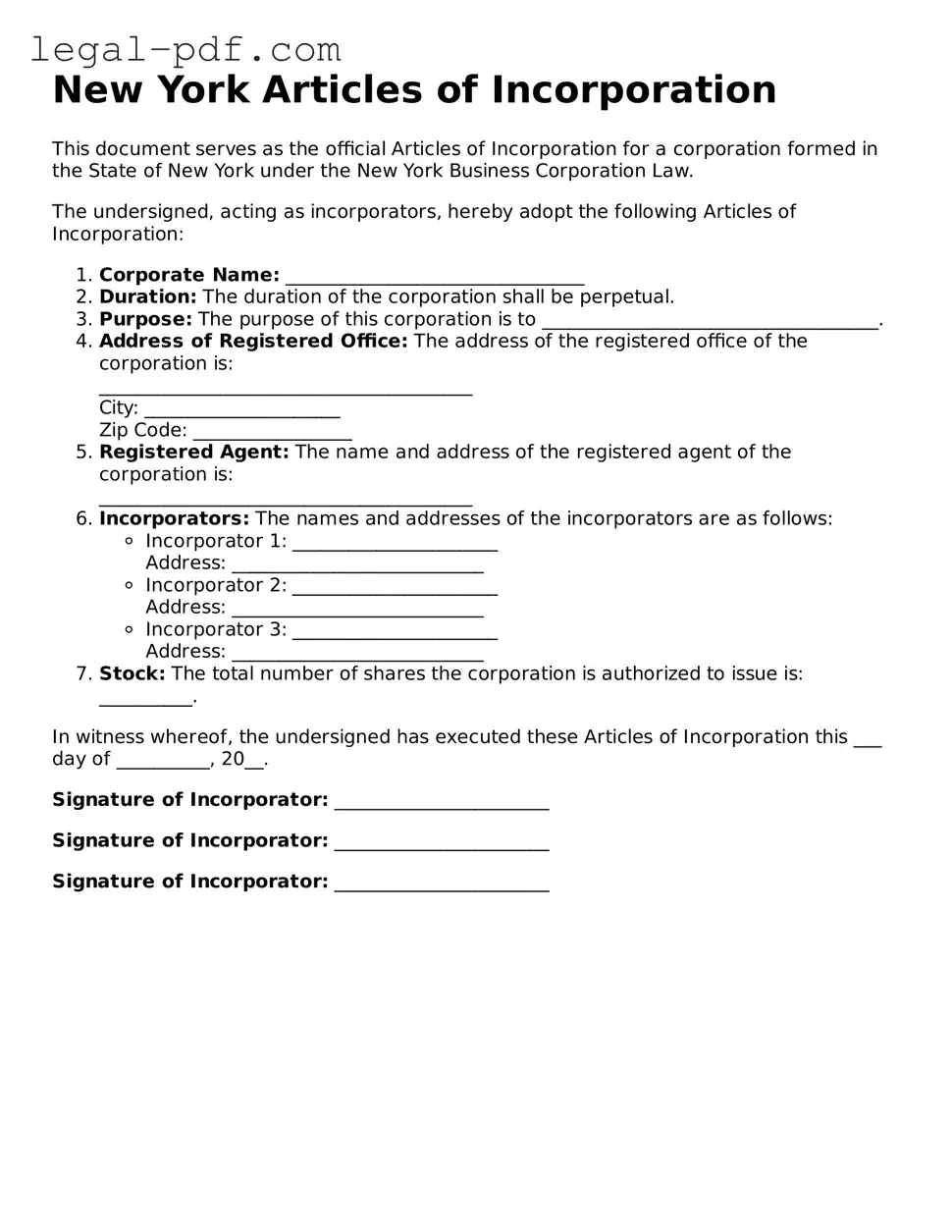 Legal  Articles of Incorporation Document for New York
