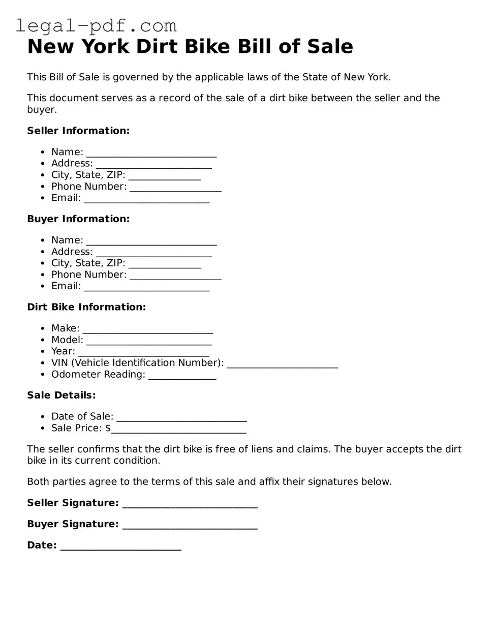 Legal  Dirt Bike Bill of Sale Document for New York