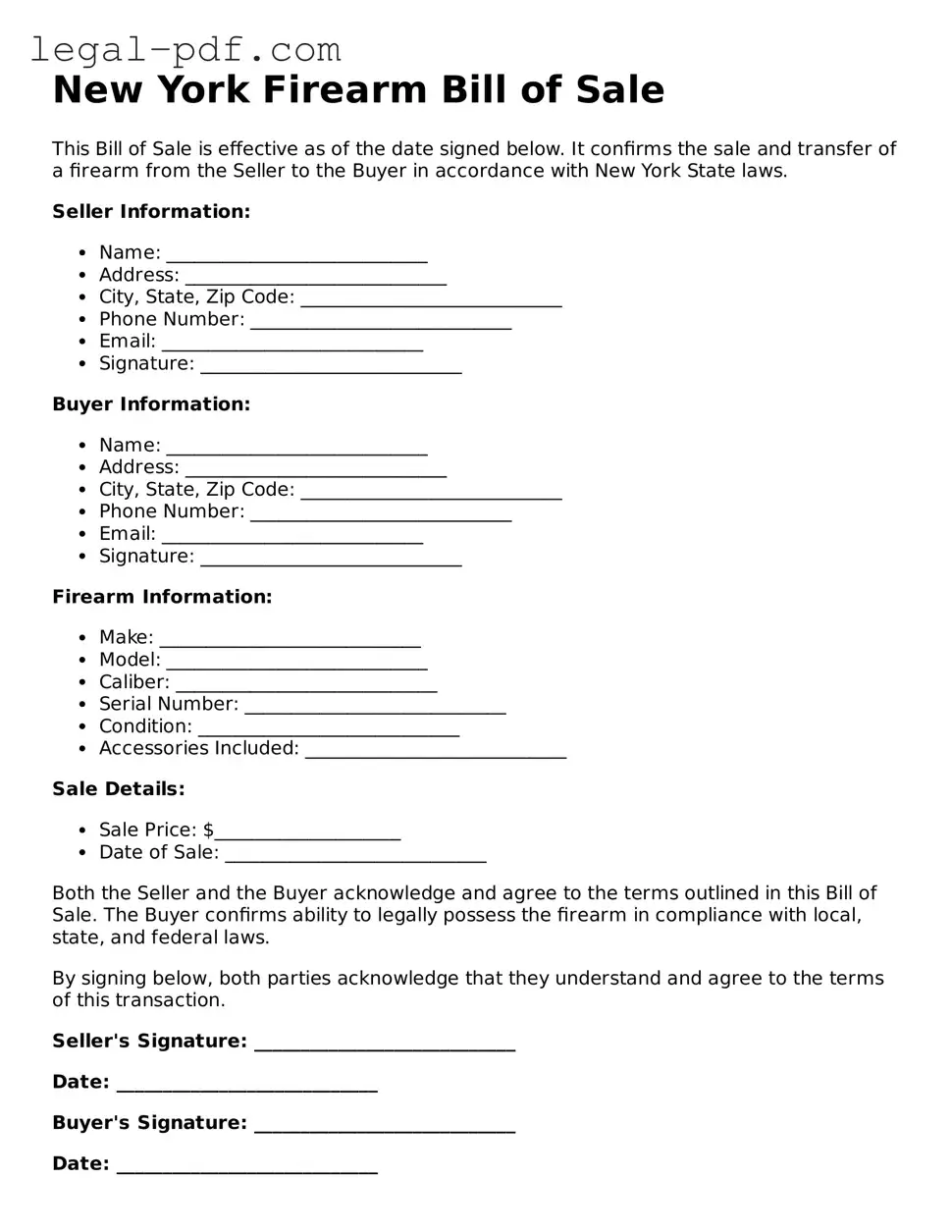 Legal  Firearm Bill of Sale Document for New York