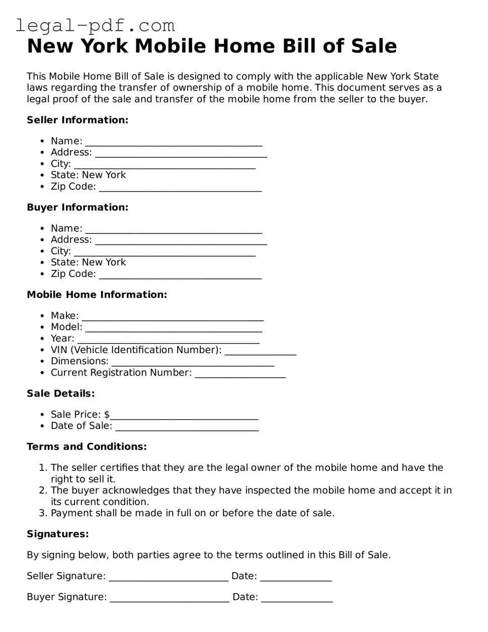 Legal  Mobile Home Bill of Sale Document for New York