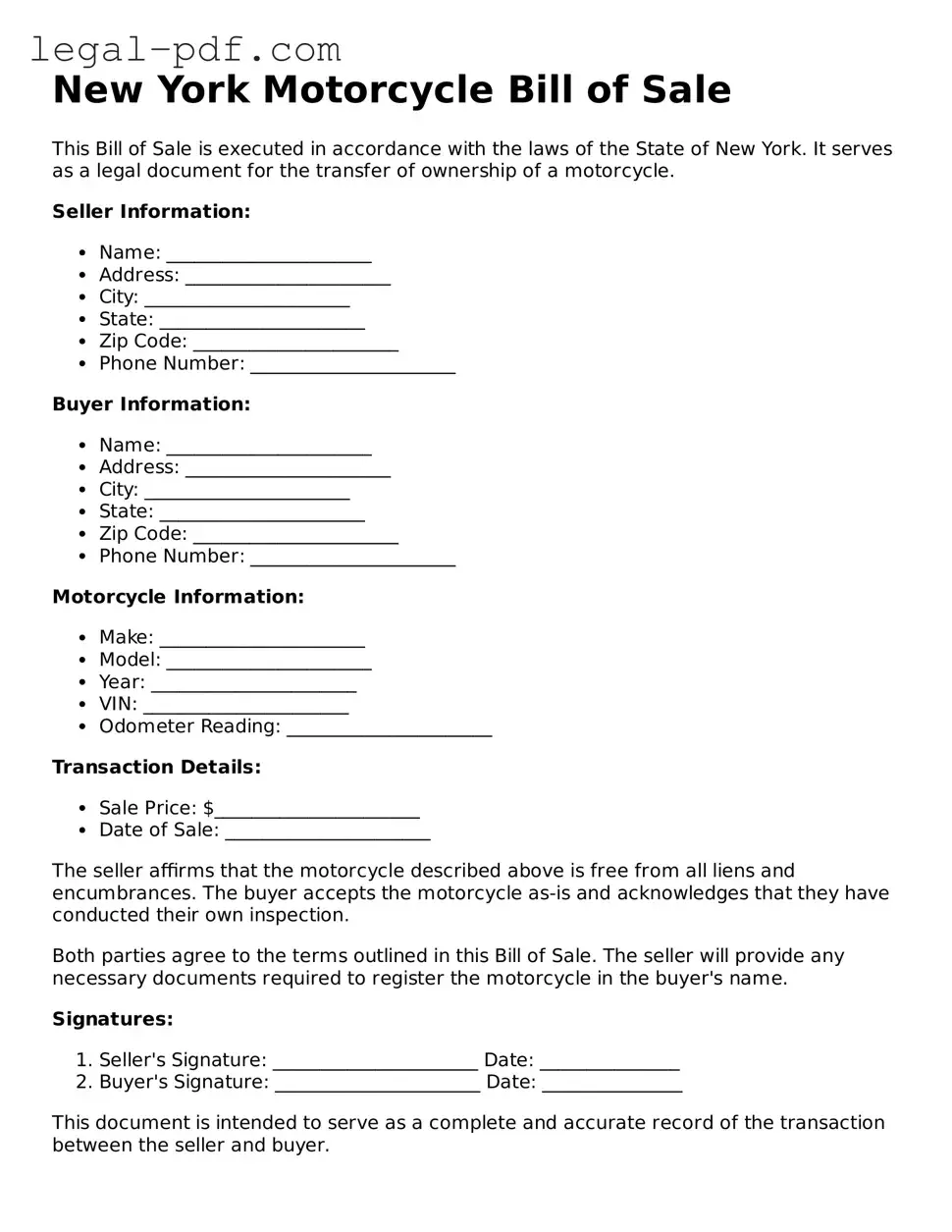 Legal  Motorcycle Bill of Sale Document for New York
