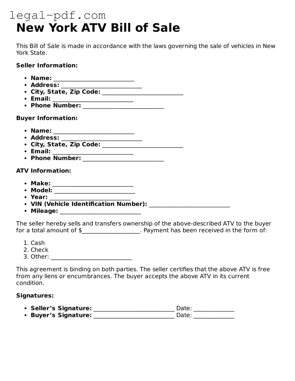 Legal  ATV Bill of Sale Document for New York