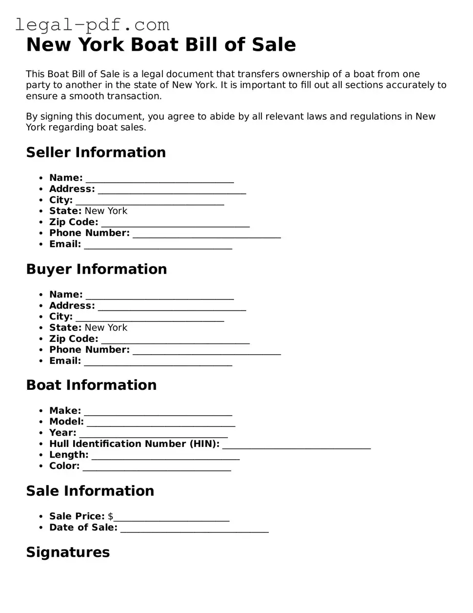 Legal  Boat Bill of Sale Document for New York