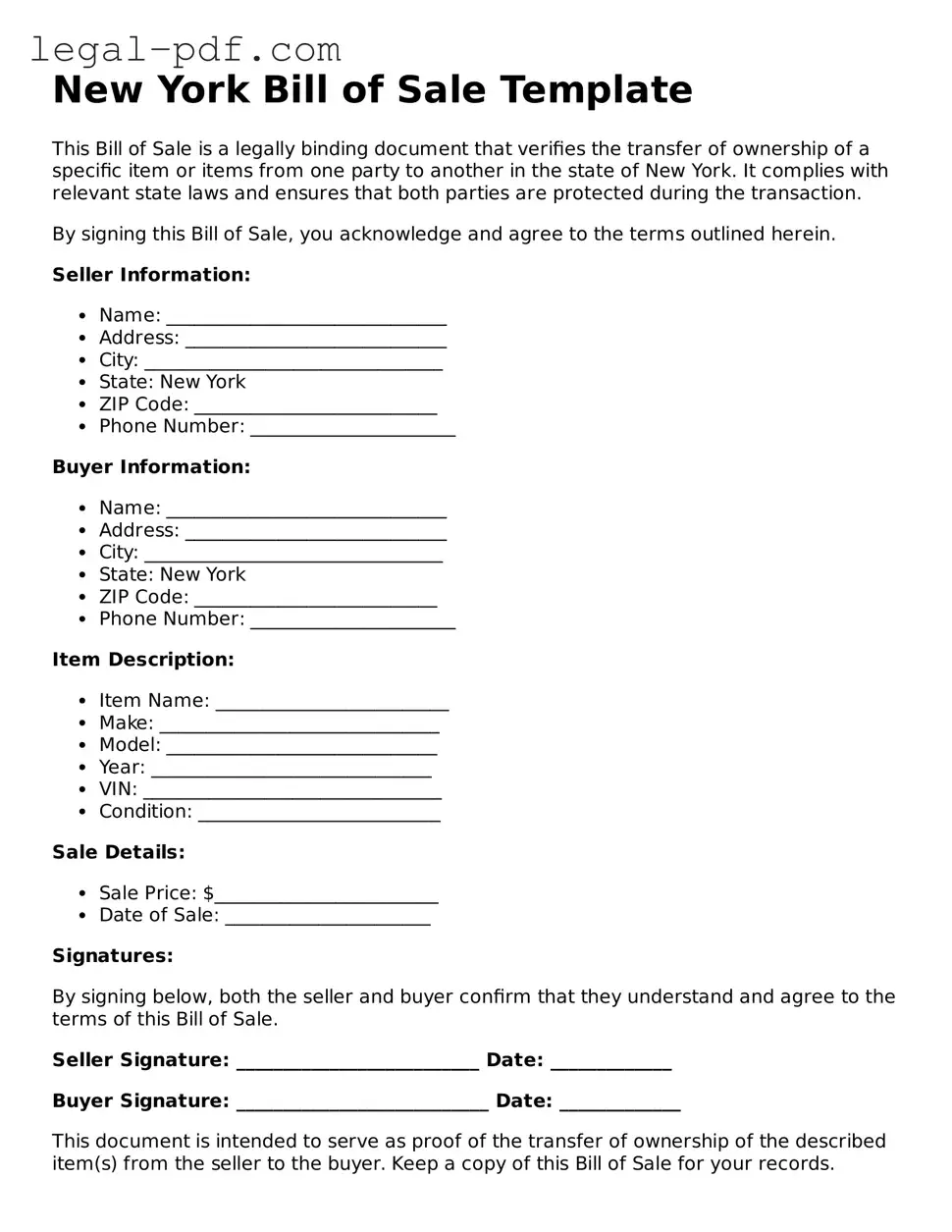 Legal  Bill of Sale Document for New York