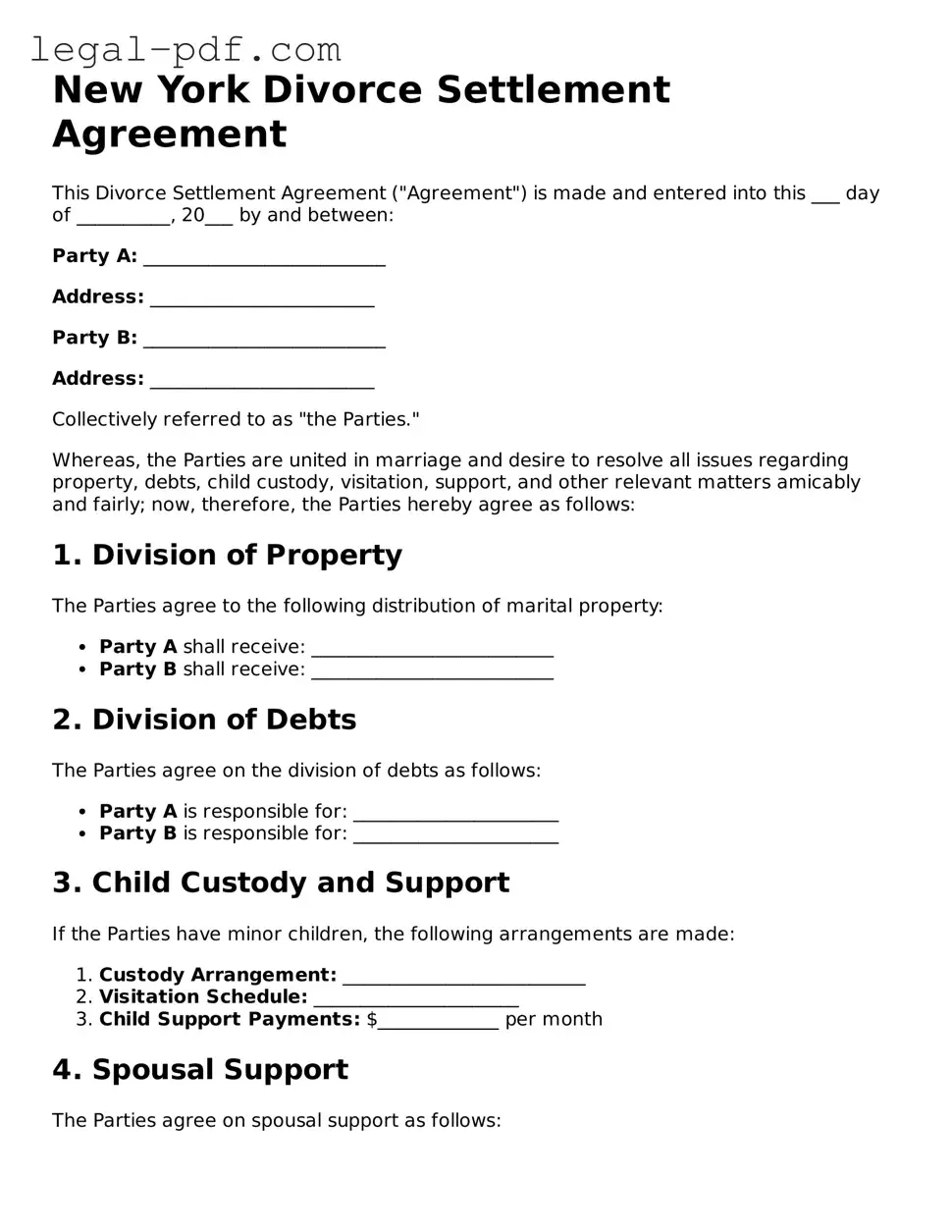 Legal  Divorce Settlement Agreement Document for New York