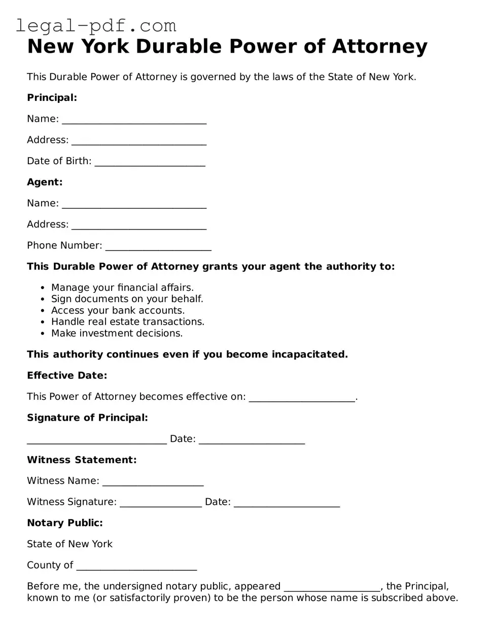 Legal  Durable Power of Attorney Document for New York