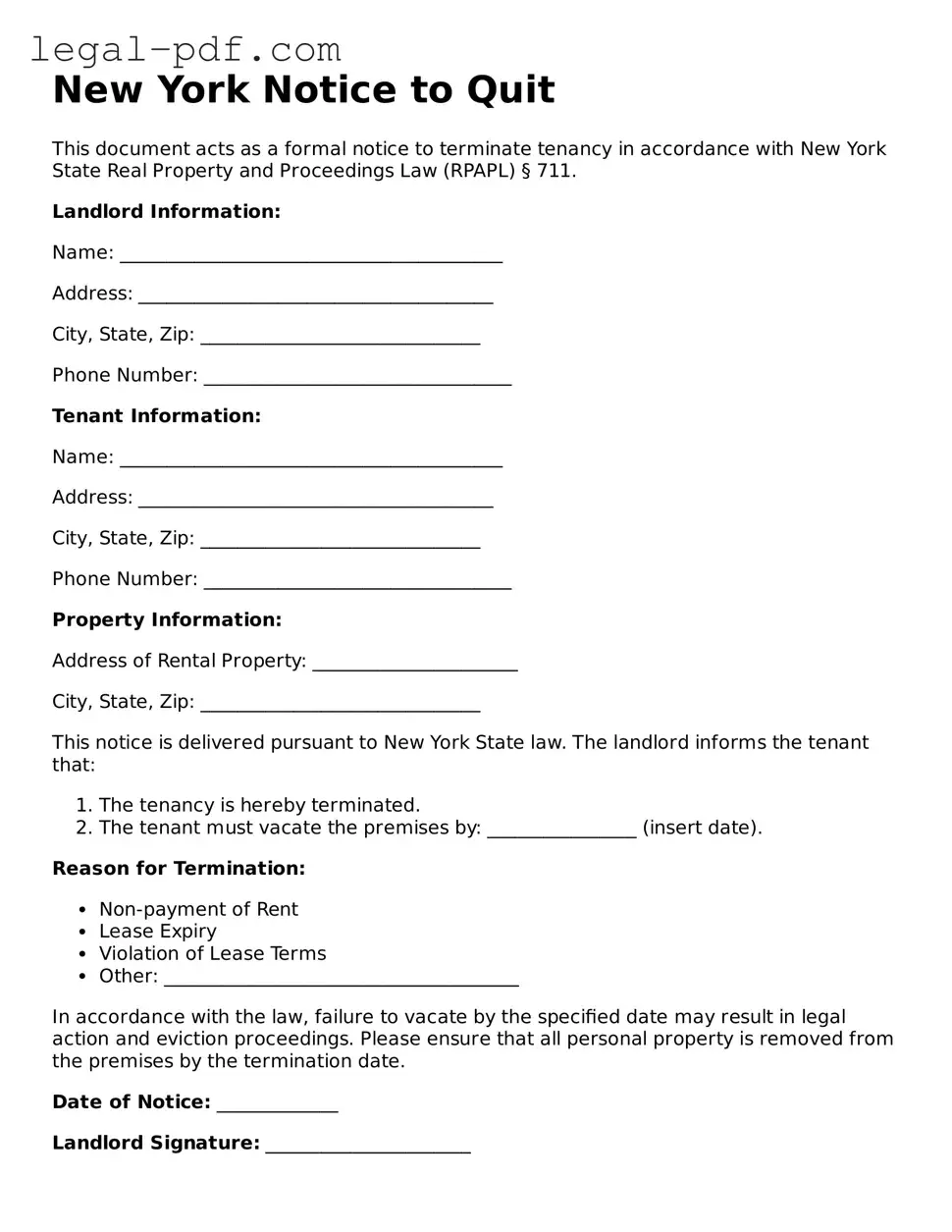 Legal  Notice to Quit Document for New York