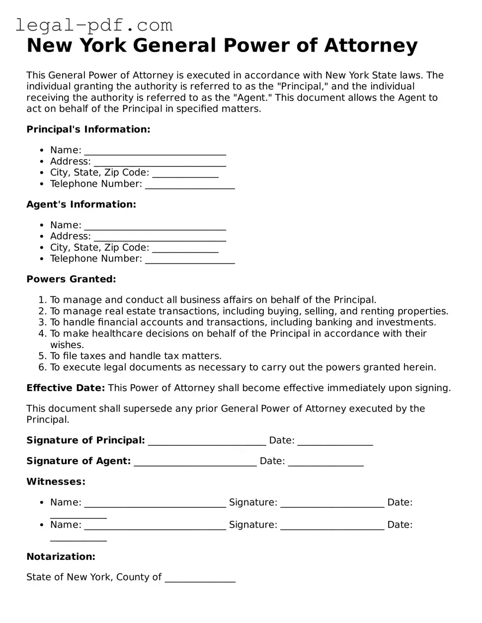 Legal  General Power of Attorney Document for New York