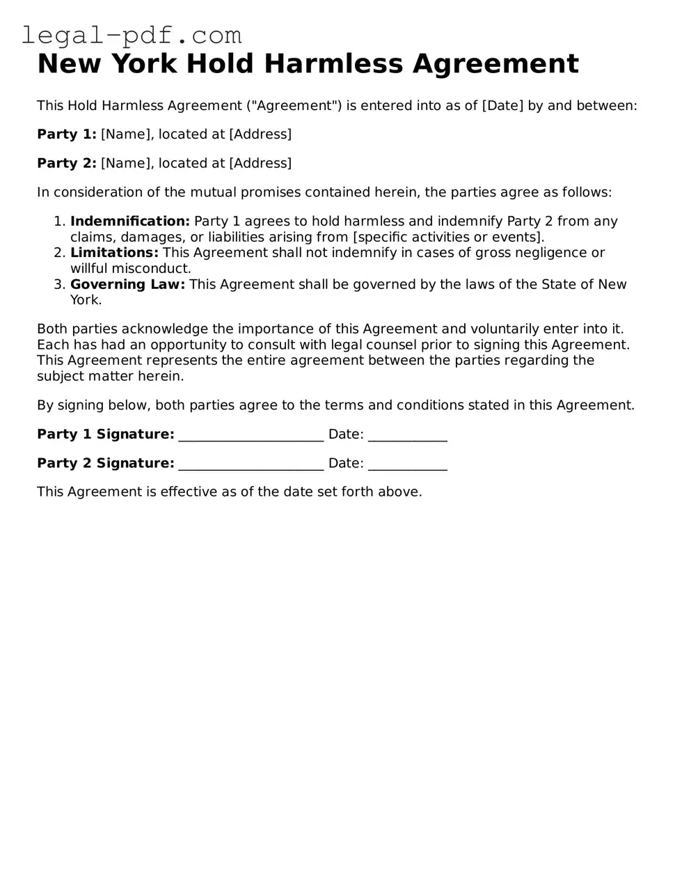 Legal  Hold Harmless Agreement Document for New York