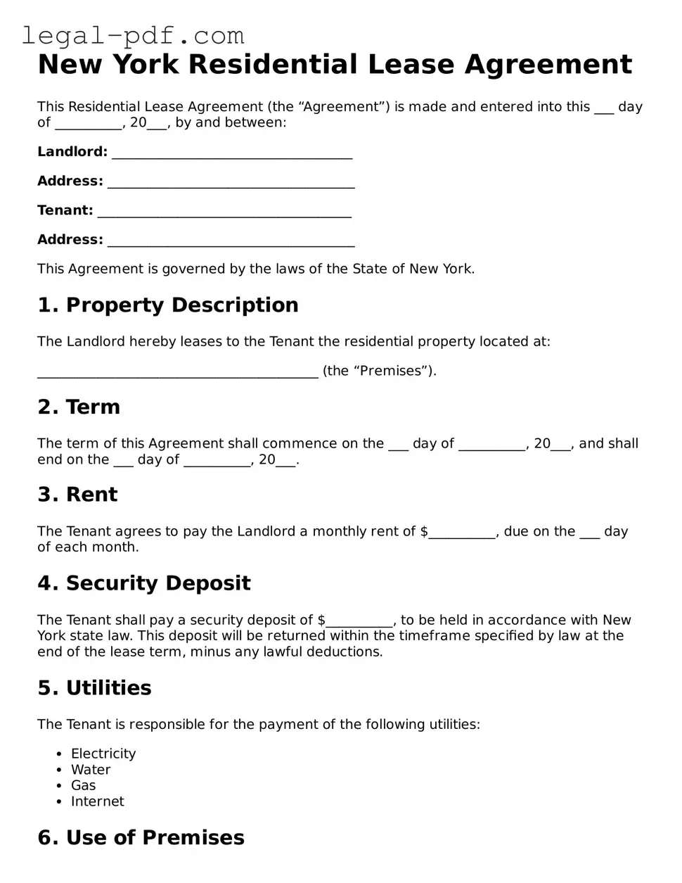Legal  Residential Lease Agreement Document for New York