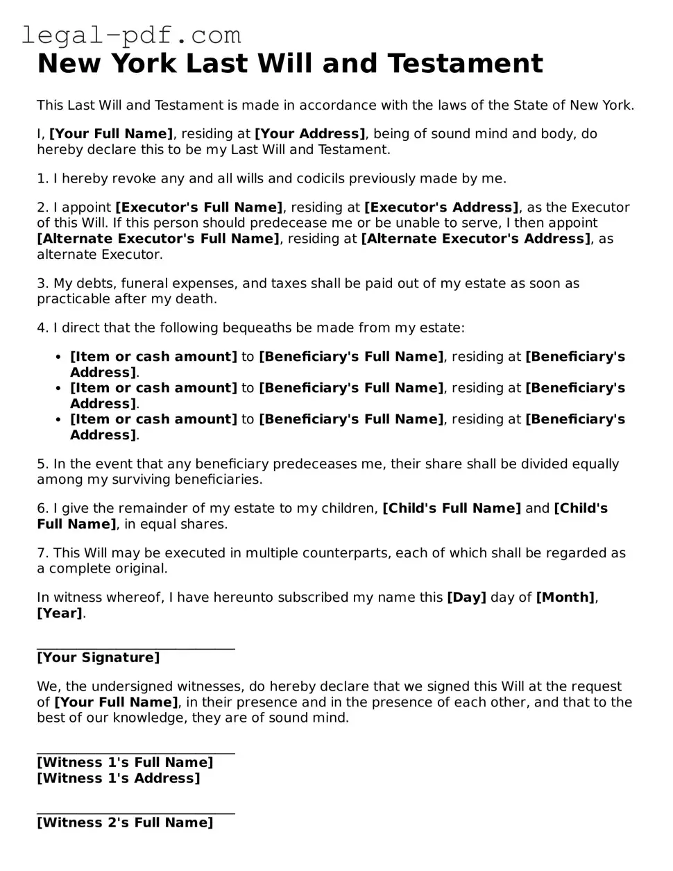 Legal  Last Will and Testament Document for New York