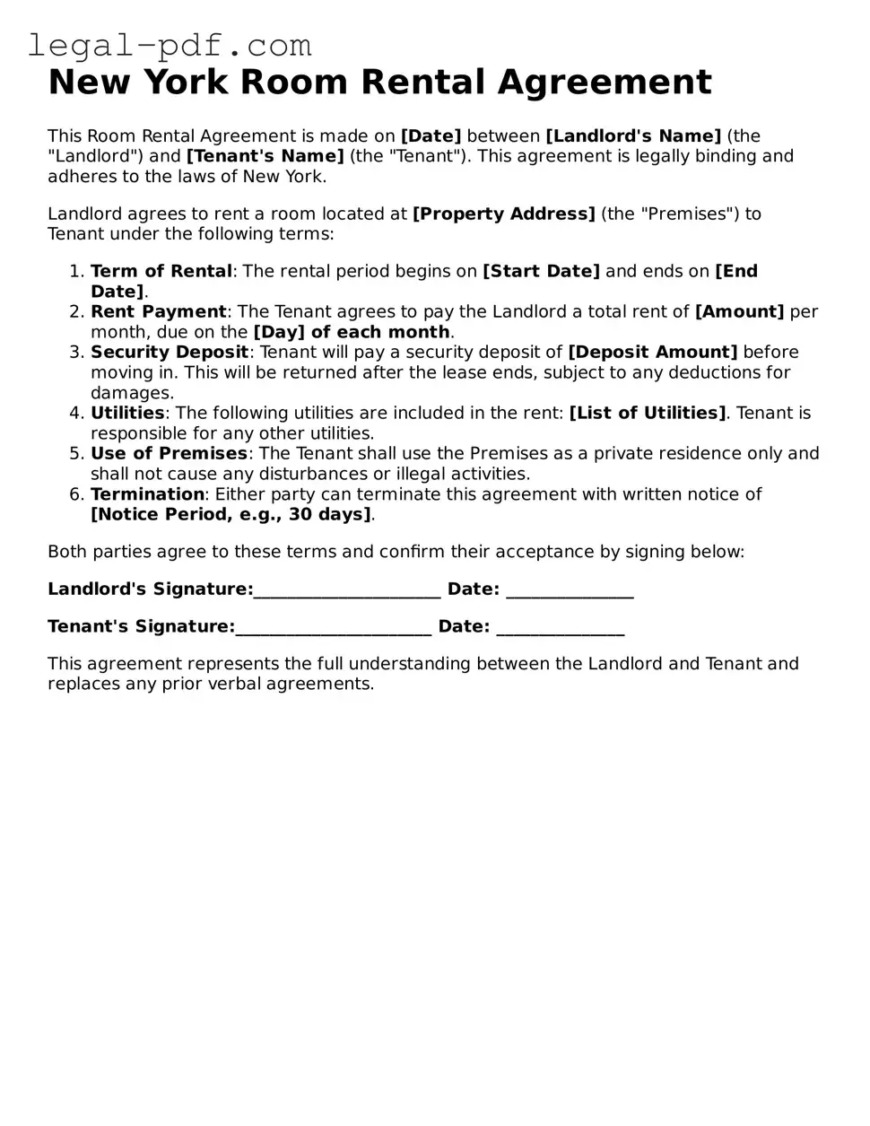 Legal  Room Rental Agreement Document for New York