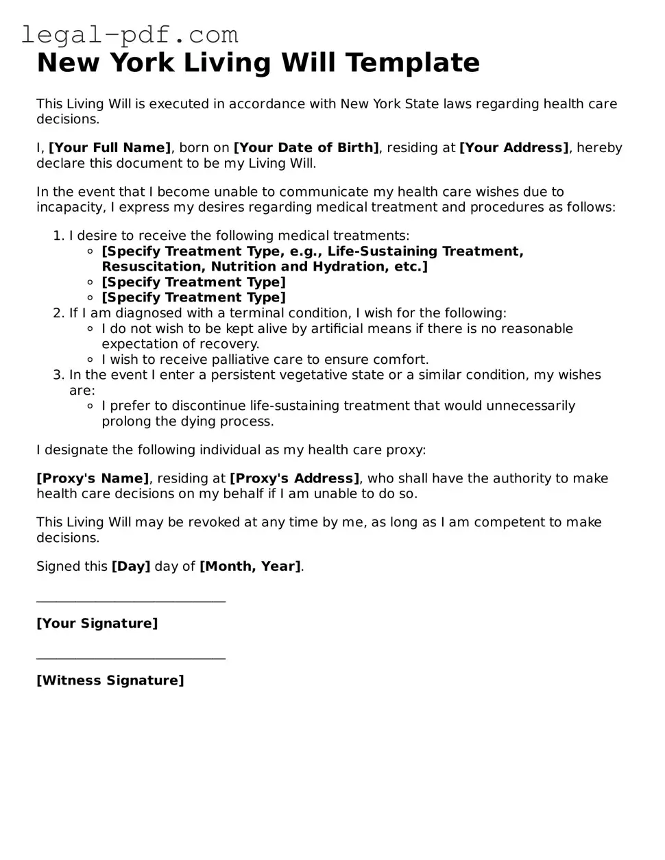 Legal  Living Will Document for New York