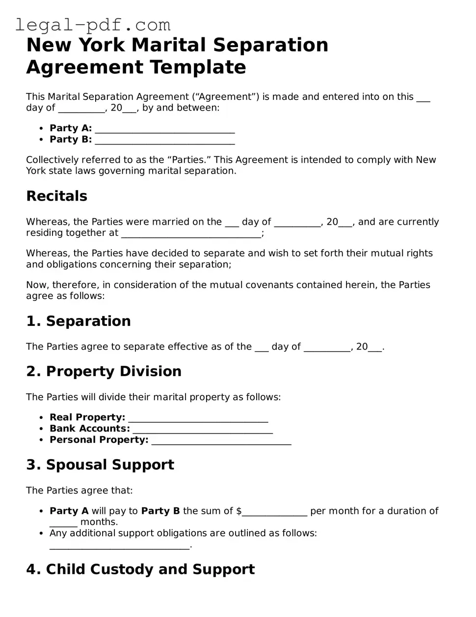 Legal  Marital Separation Agreement Document for New York