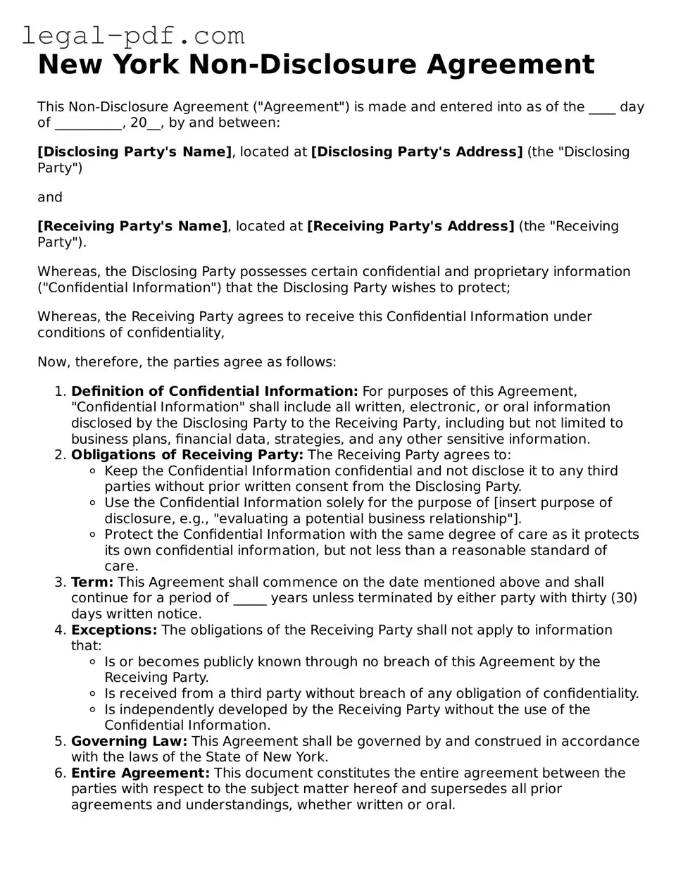 Legal  Non-disclosure Agreement Document for New York