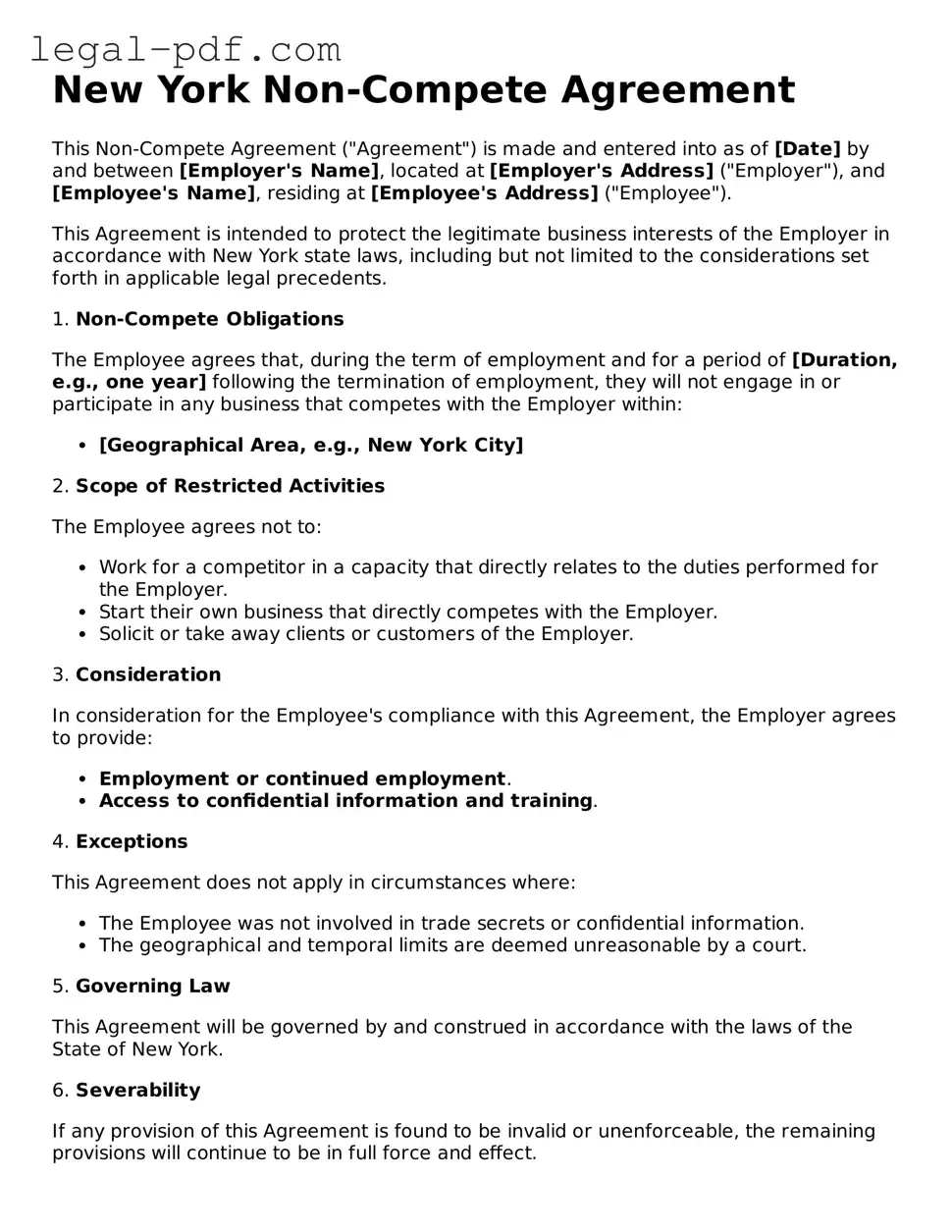 Legal  Non-compete Agreement Document for New York