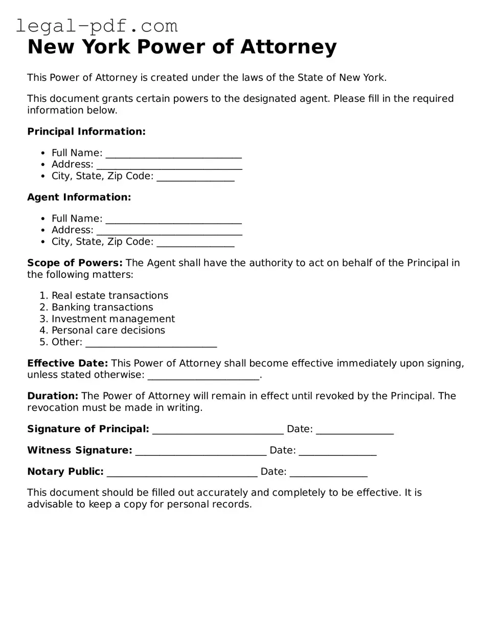 Legal  Power of Attorney Document for New York