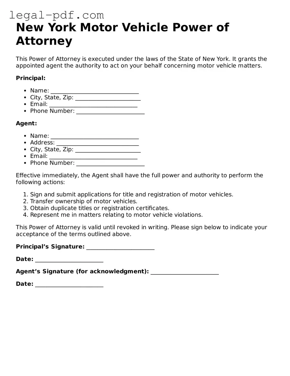 Legal  Motor Vehicle Power of Attorney Document for New York