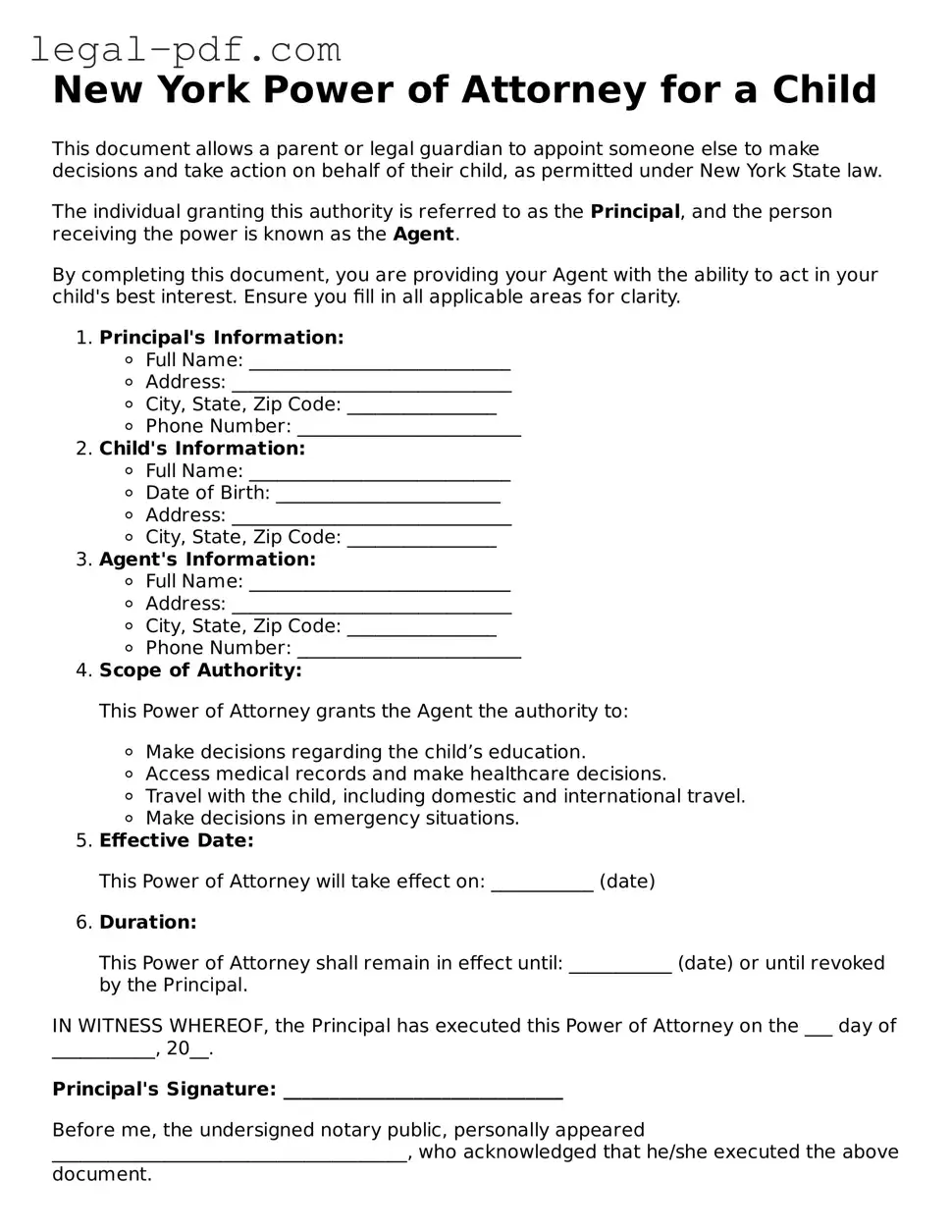 Legal  Power of Attorney for a Child Document for New York