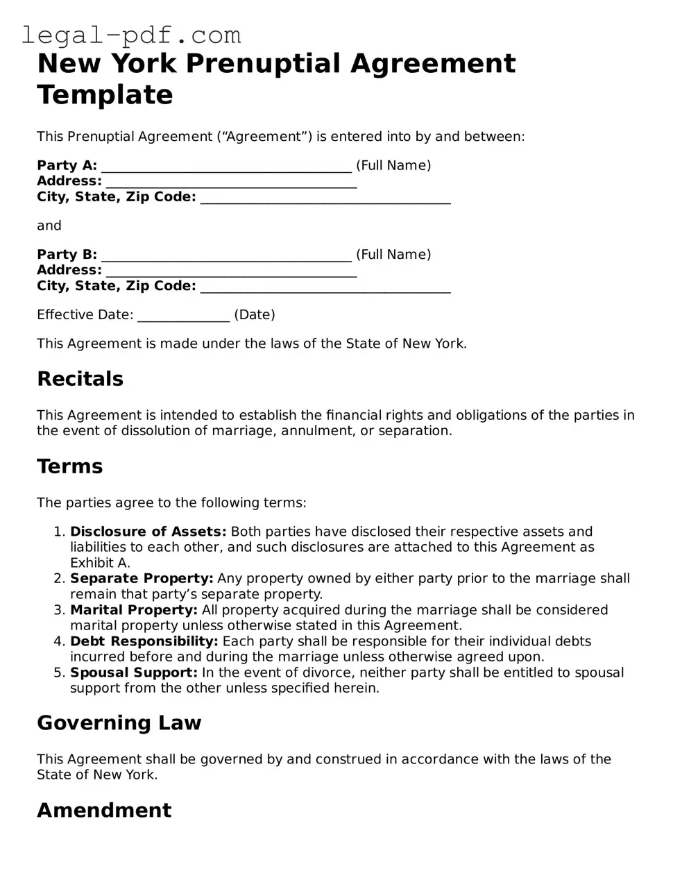 Legal  Prenuptial Agreement Document for New York