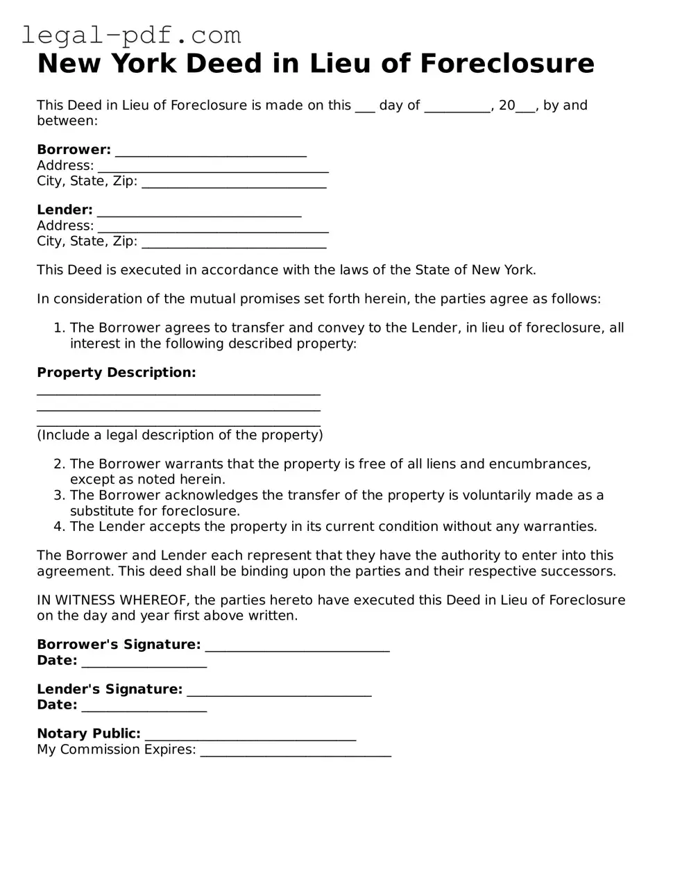 Legal  Deed in Lieu of Foreclosure Document for New York