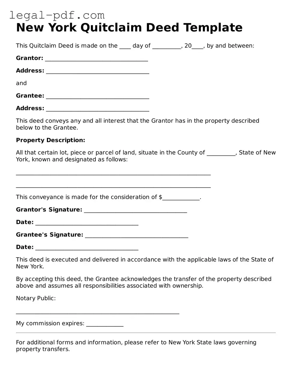 Legal  Quitclaim Deed Document for New York