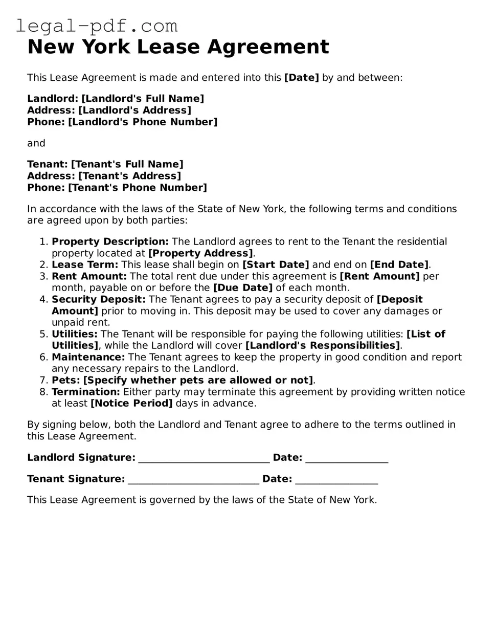 Legal  Lease Agreement Document for New York