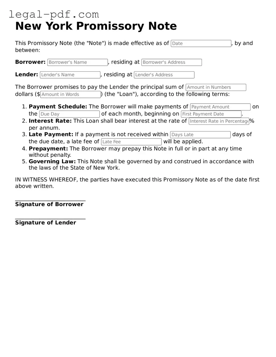 Legal  Promissory Note Document for New York