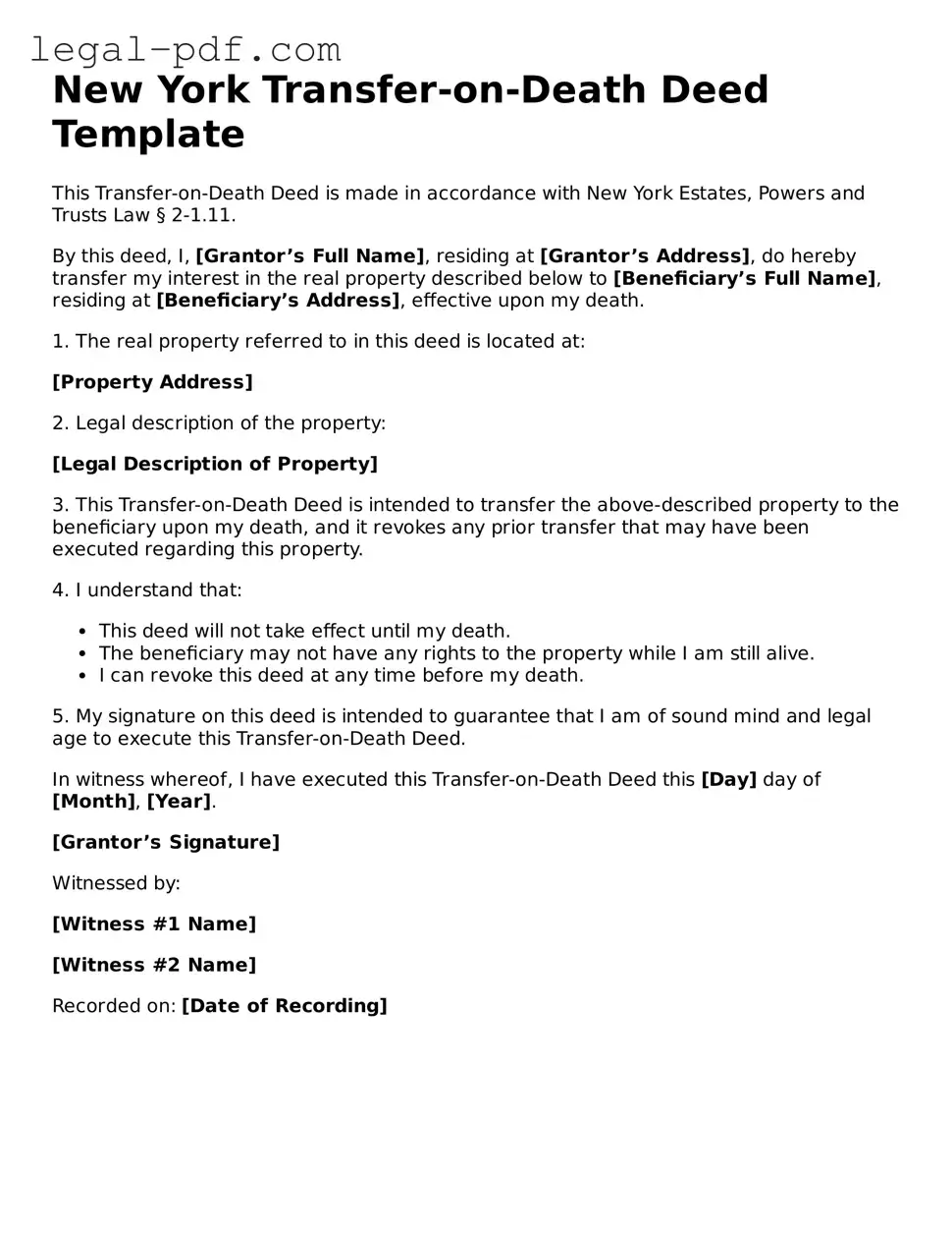 Legal  Transfer-on-Death Deed Document for New York