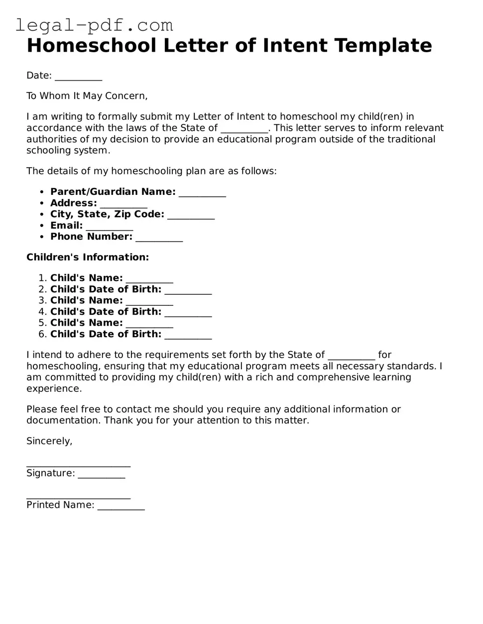 Valid Homeschool Letter of Intent Template