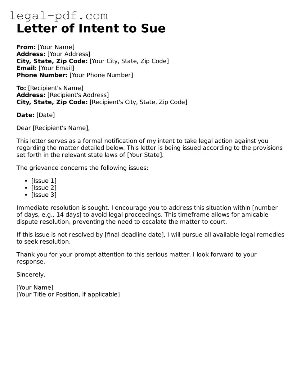 Valid Letter of Intent to Sue Template