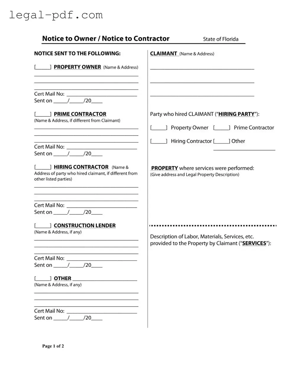 Blank Notice Owner Florida Form