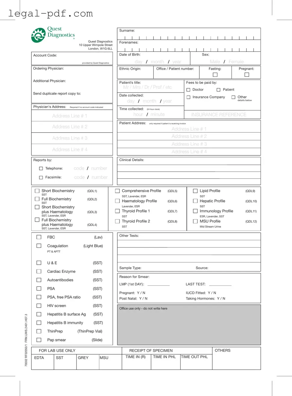 Blank Order Quest Diagnostics Form