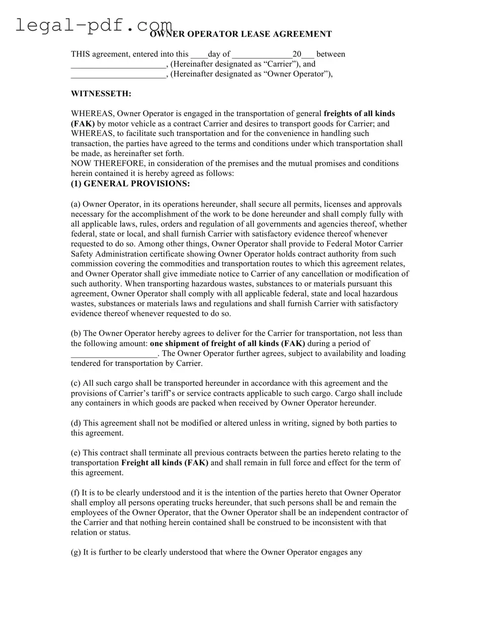 Blank Owner Operator Lease Agreement Form