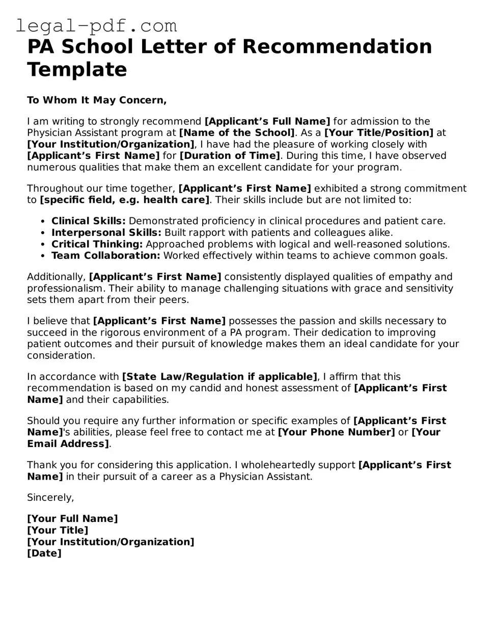 Valid PA School Letter of Recommendation Template
