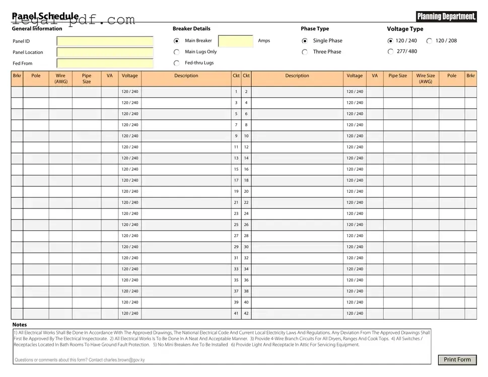 Blank Electrical Panel Schedule Form