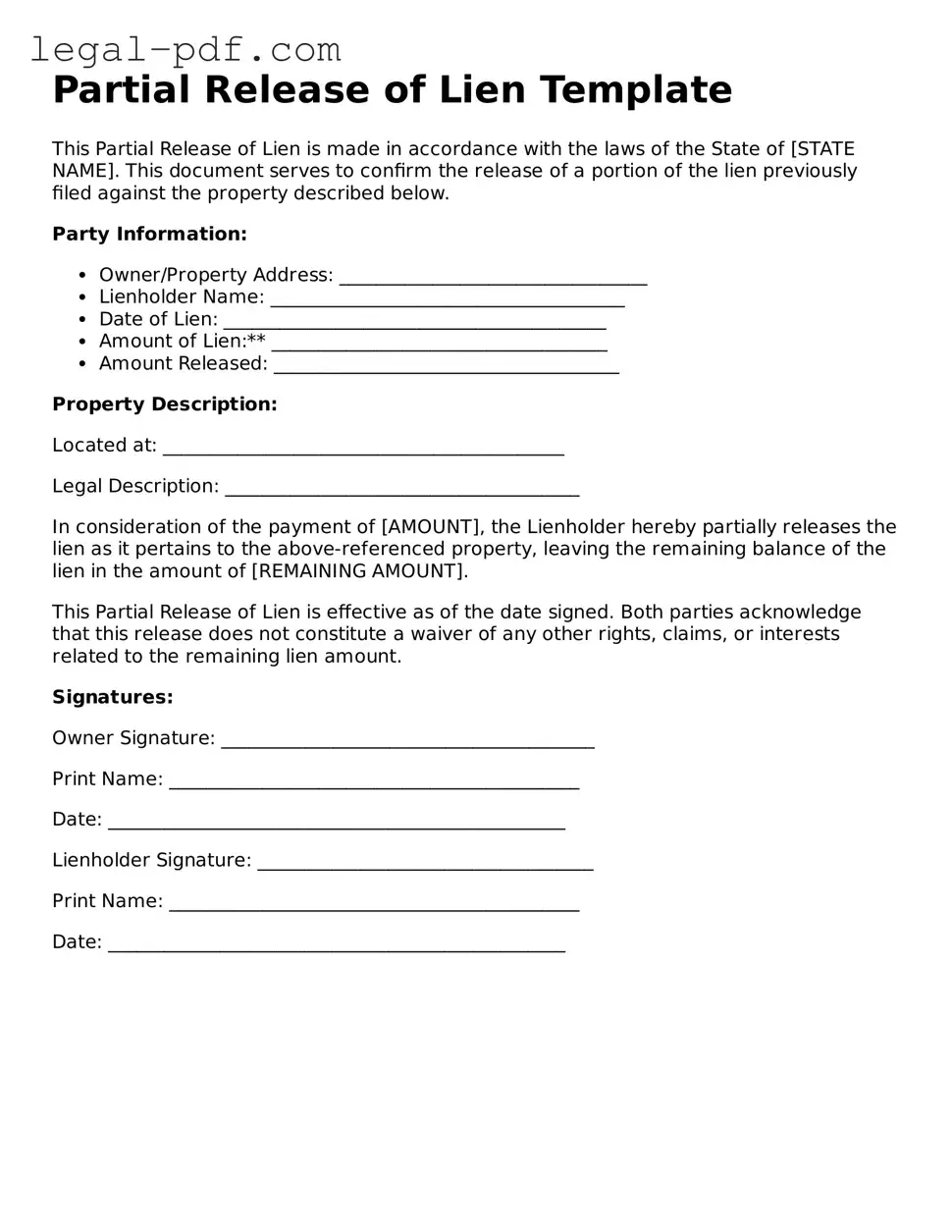 Valid Partial Release of Lien Template