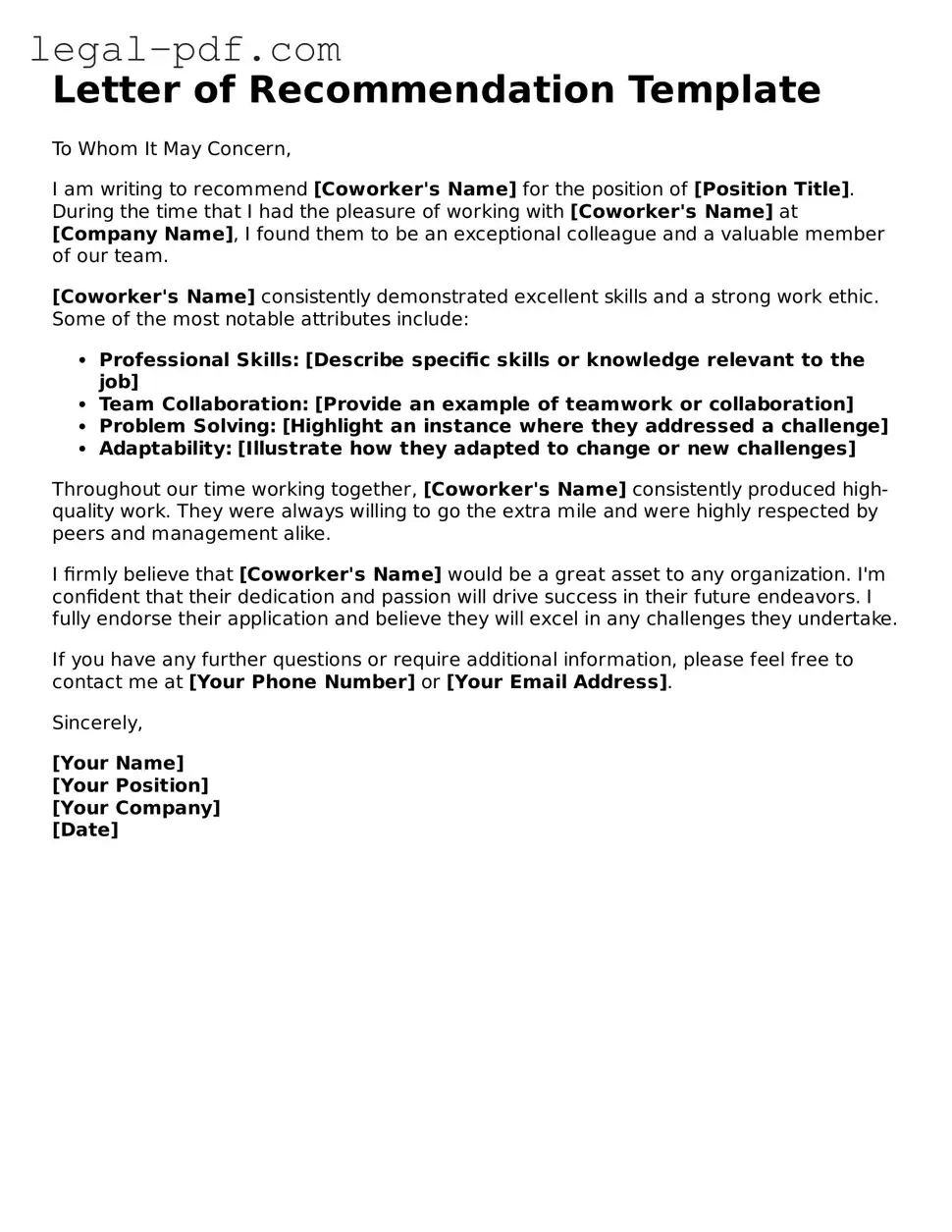 Valid Letter of Recommendation for Coworker Template