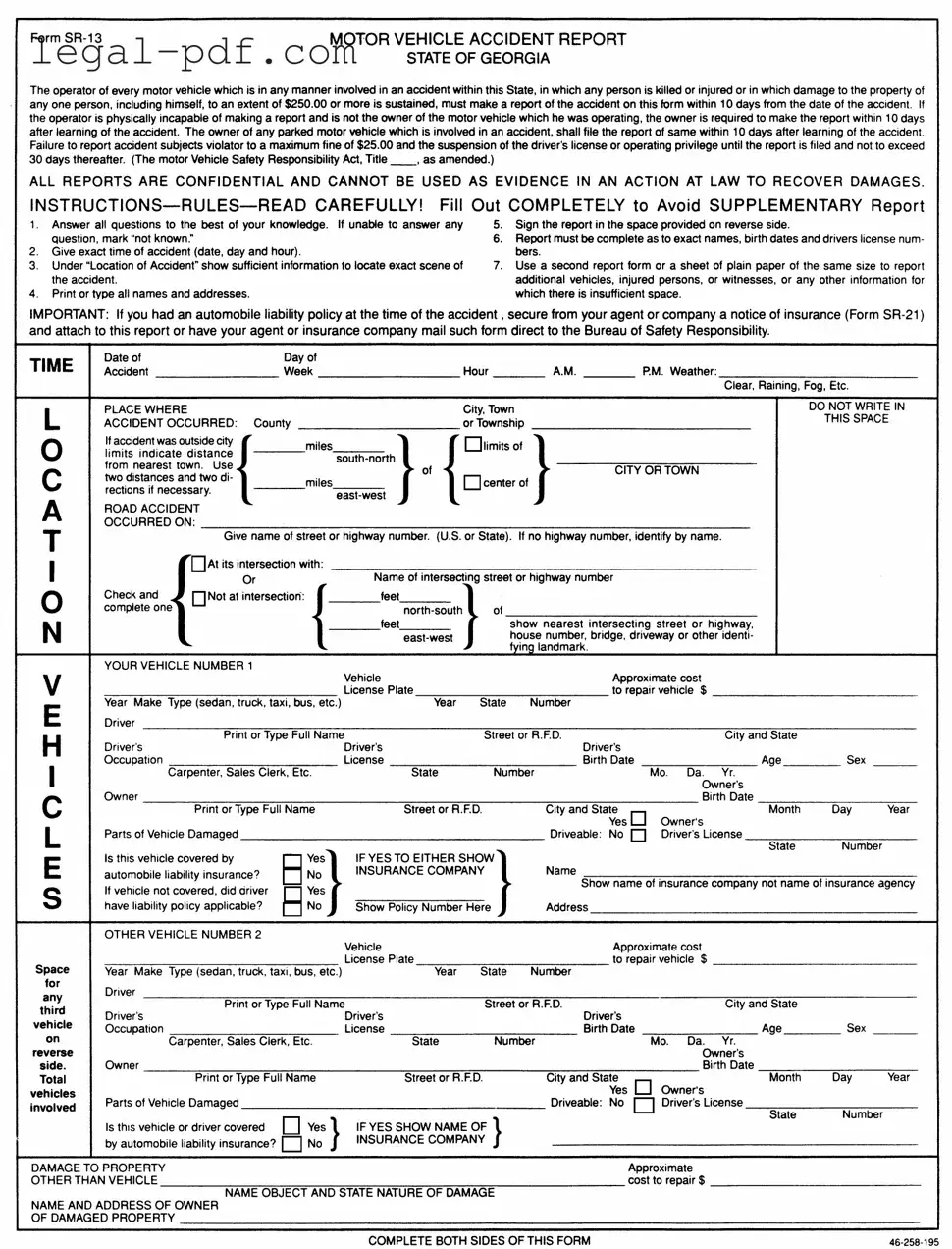 Blank Personal Accident Report Sr 13 Ga Form