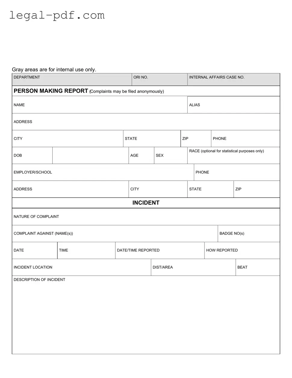 Blank Police Report Form