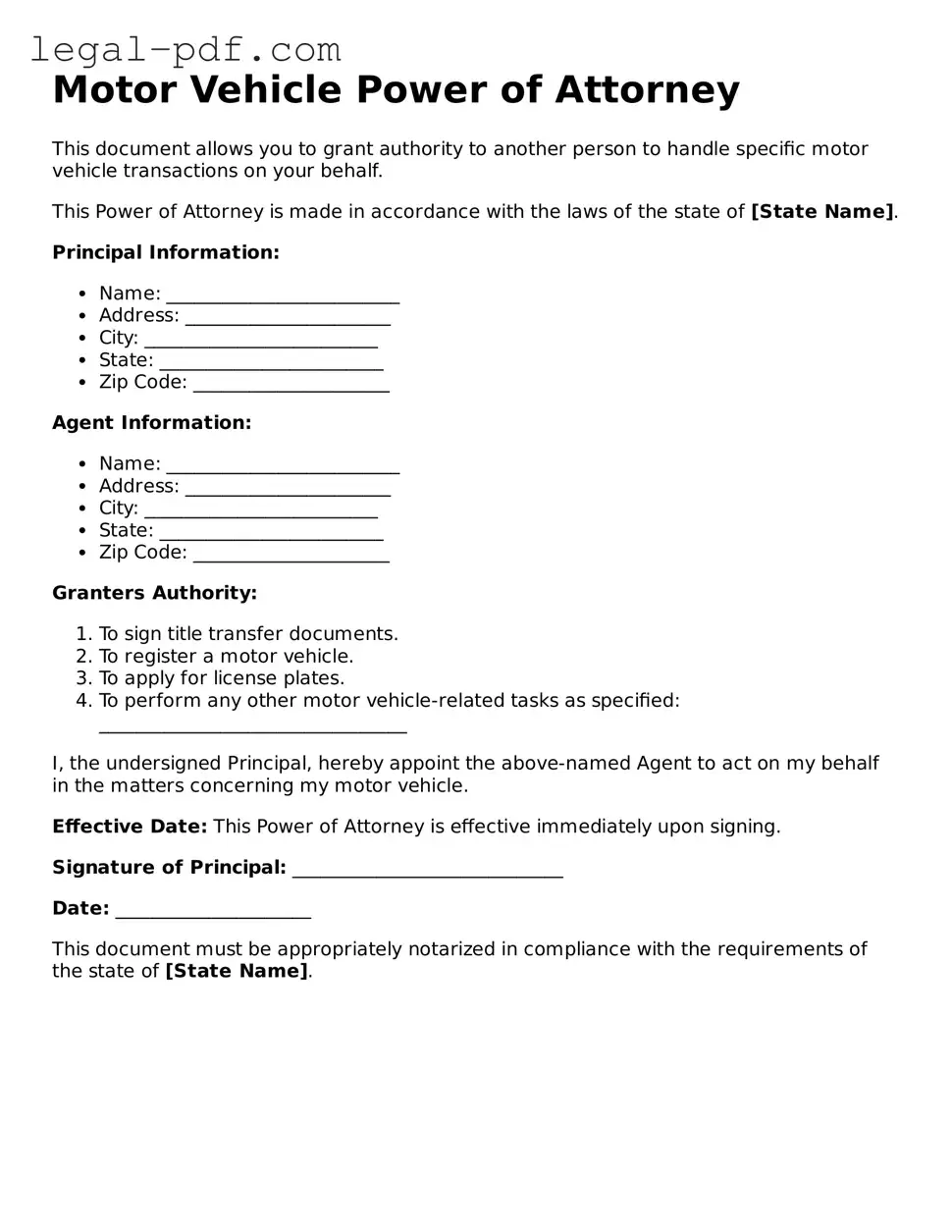 Valid Motor Vehicle Power of Attorney Template