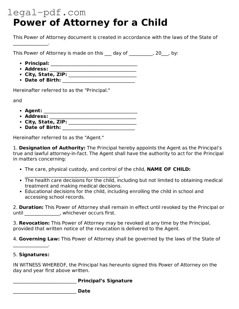 Valid Power of Attorney for a Child Template