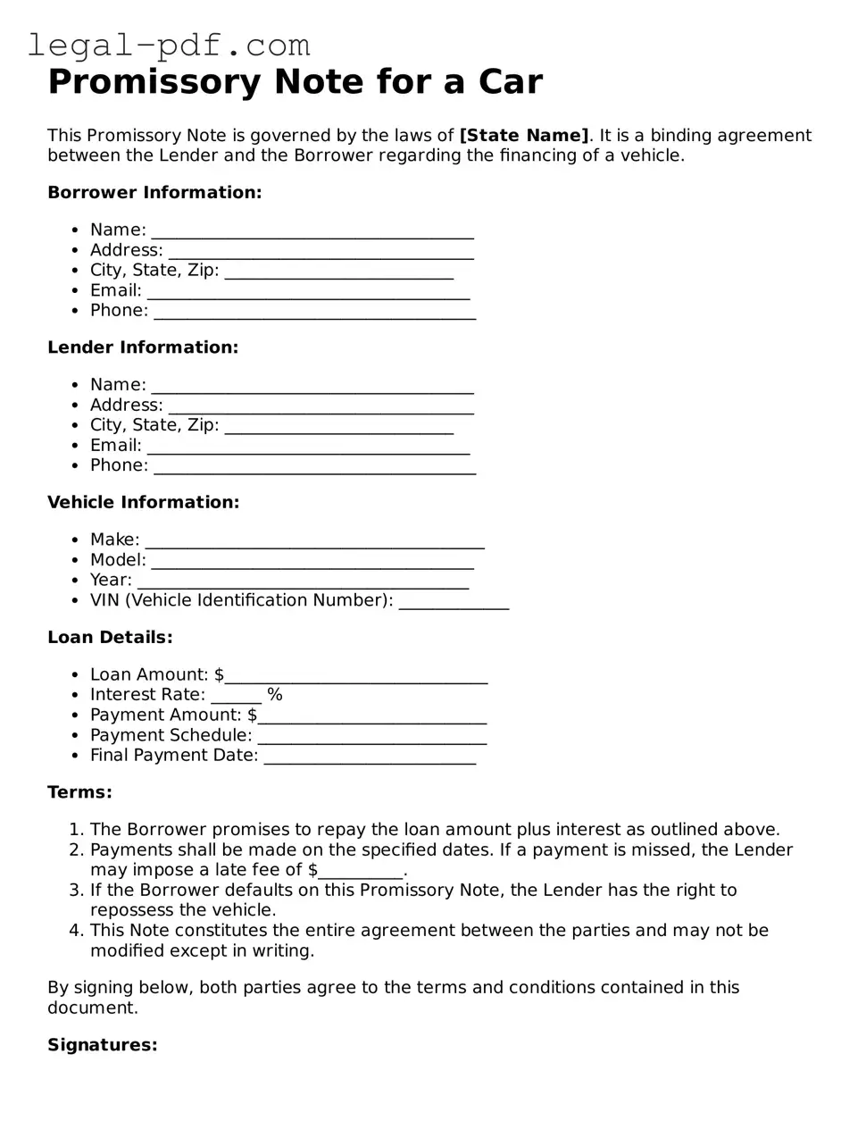 Valid Promissory Note for a Car Template