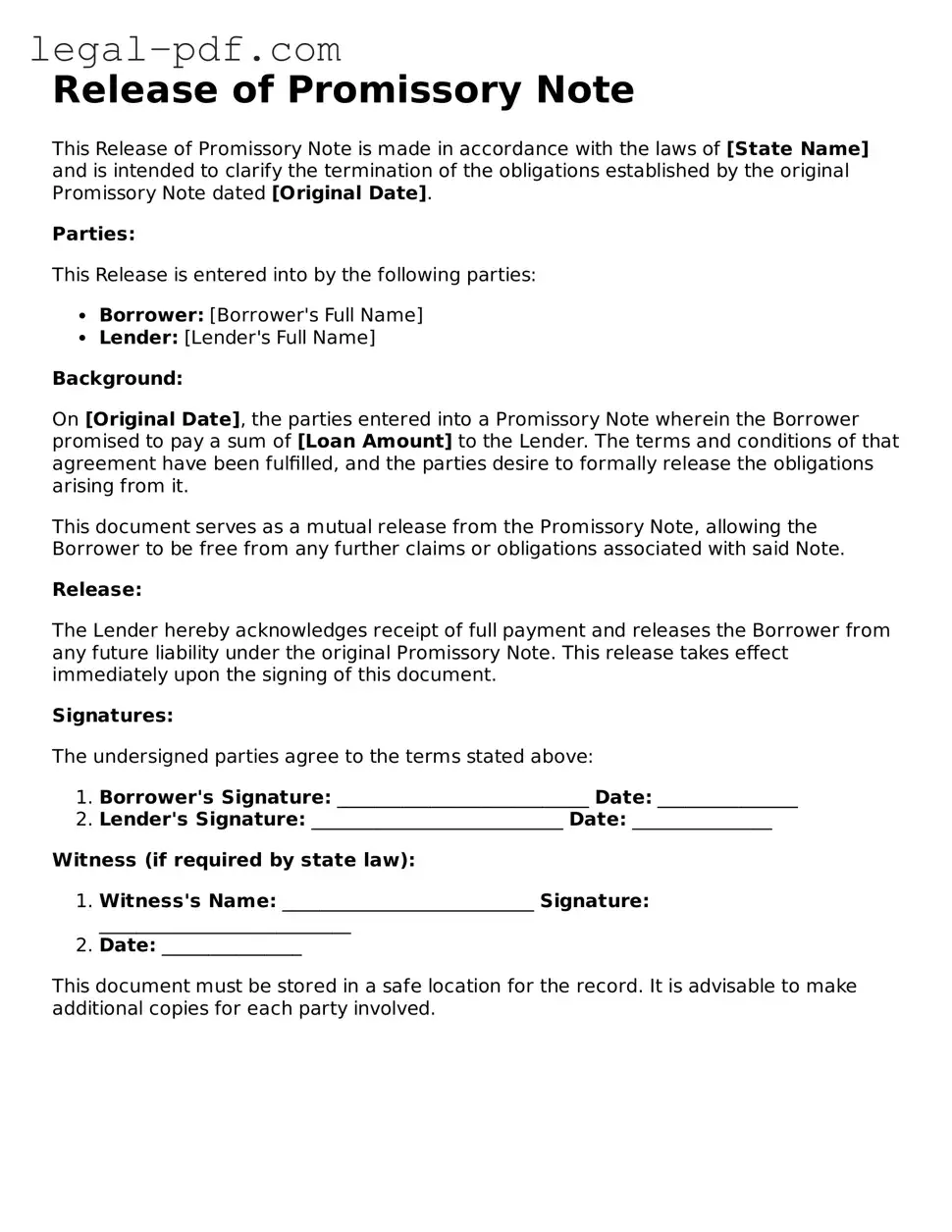 Valid Release of Promissory Note Template