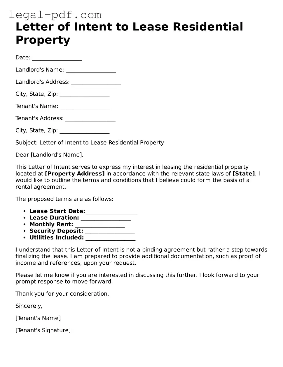 Valid Letter of Intent to Lease Residential Property Template