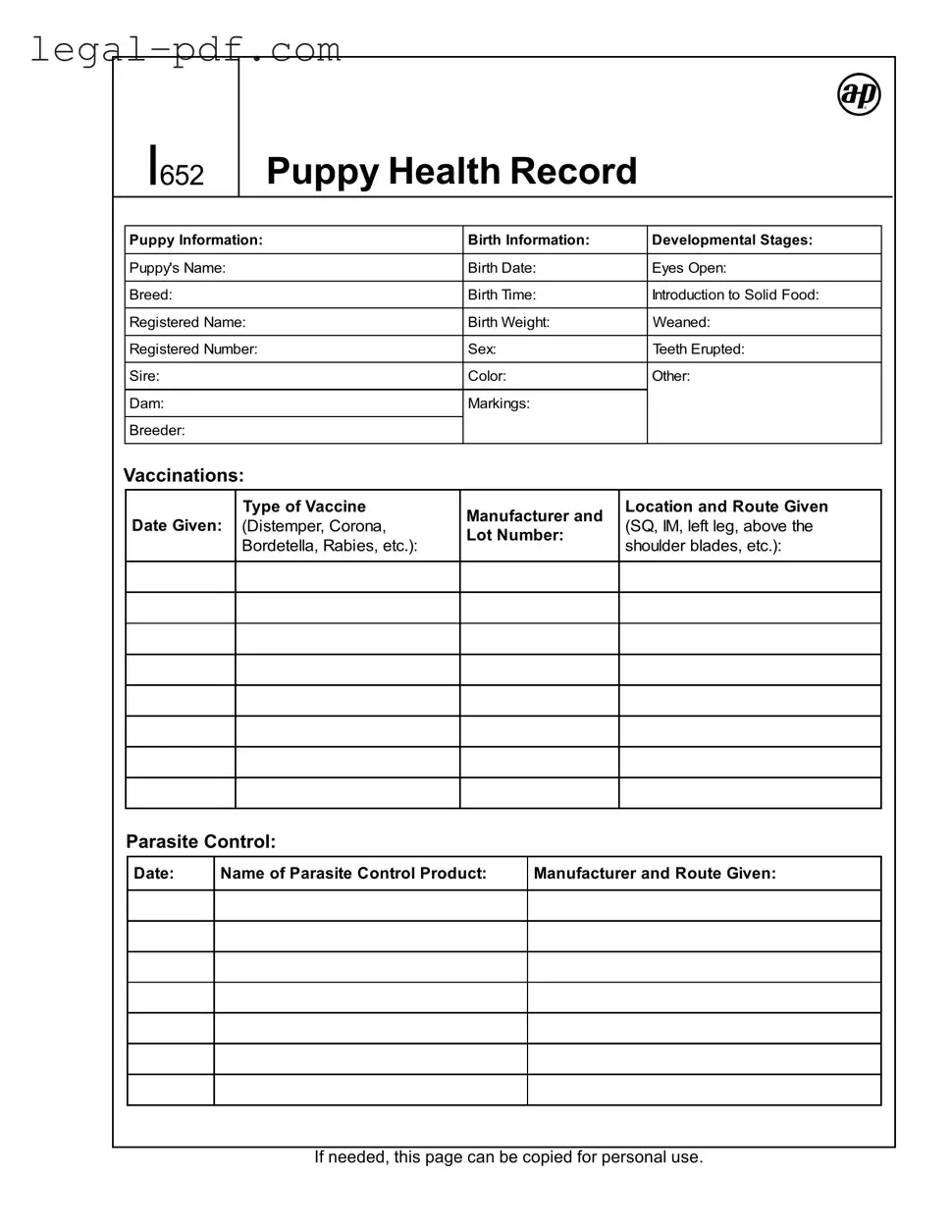 Blank Puppy Health Record Form