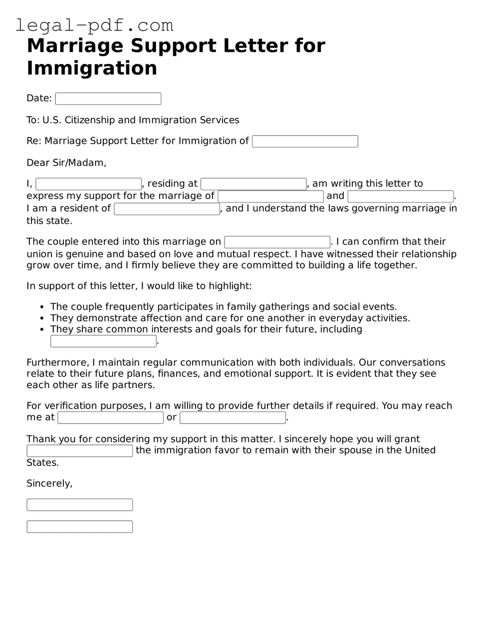 Valid Marriage Support Letter for Immigration Template