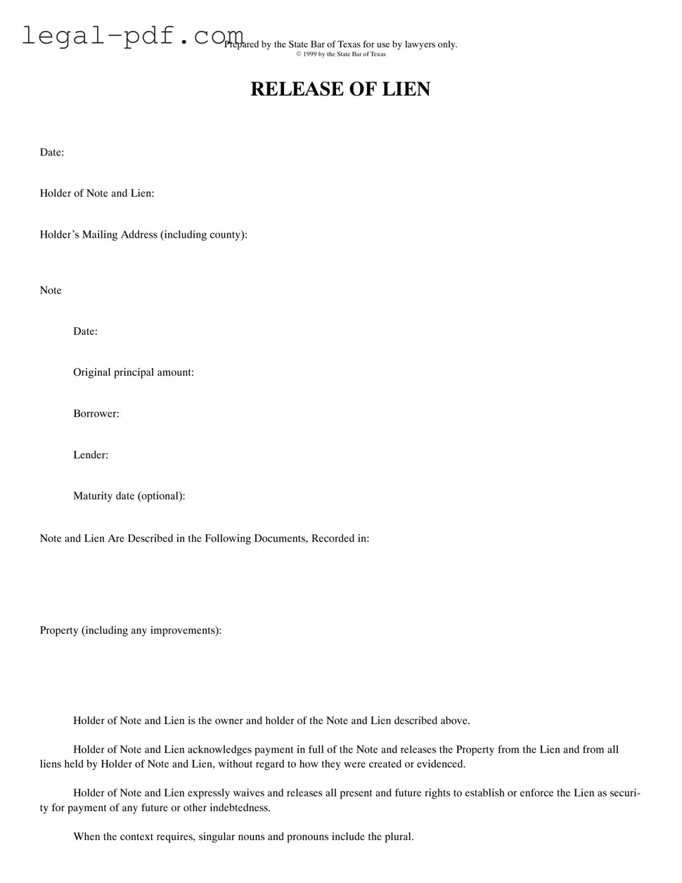 Blank Release Of Lien Texas Form